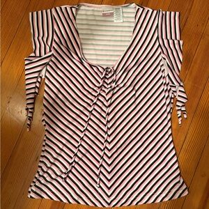 Vintage No Boundaries Black Pink and White Striped Tie-Front Blouse